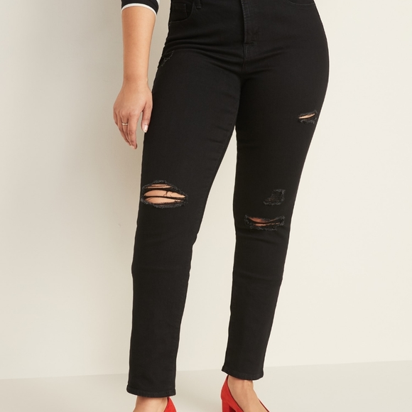 Old Navy Denim - Old Navy, High-Waisted Slim Straight Ripped Jean, 10, Black